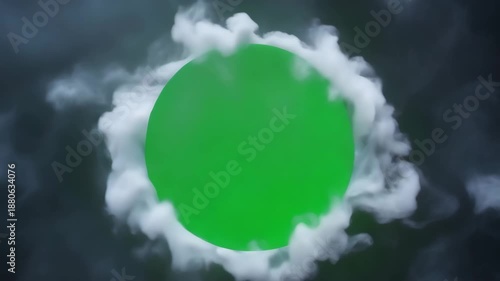Green circle surrounded by white smoke on a dark background with mysterious atmosphere