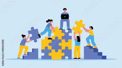 Team of diverse people collaboratively assembling large colorful puzzle pieces with one person working on a laptop