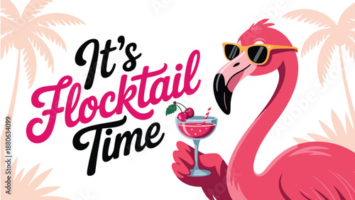 This joyful pink flamingo wearing trendy sunglasses holds a delightful cherry cocktail with a straw