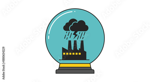 environmental pollution forecast industrial factory beneath storm clouds with lightning in a globe symbolizing climate change and sustainability risks