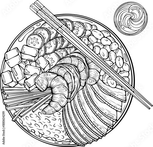 Poke bowl with shrimp, avocado, rice, and vegetables with chopsticks placed on top and sauce nearby. Hawaiian food. Vector illustration in hand drawn sketch style. Line art isolated on white for print