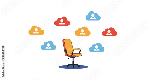 remote work collaboration empty office chair and colorful cloud icons person symbols representing virtual team connectivity.