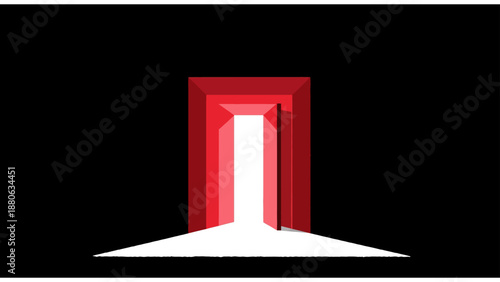 red door opening to bright light in dark space symbolizing new opportunities solutions and a path to future success.