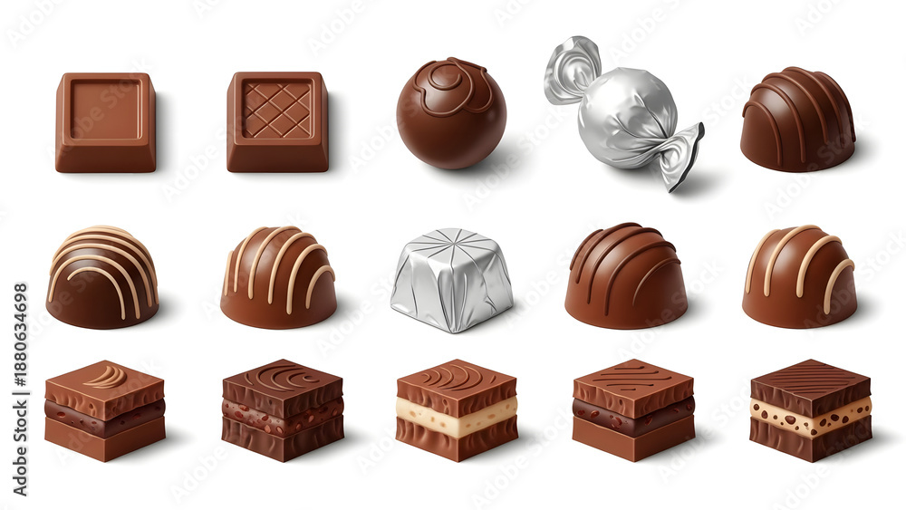 Obraz premium Assorted Chocolates 3D Vector for Food Advertising