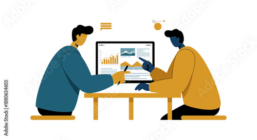 business data analysis of two colleagues reviewing financial performance charts on a laptop for corporate strategy and market insight