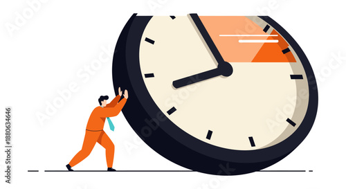 businessman pushing giant clock symbolizing urgent time management pressure and overwhelming business deadlines for corporate workflow challenges.