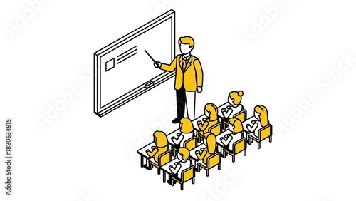 education classroom learning environment with a male teacher instructing diverse students at individual desks ideal for academic and professional training content