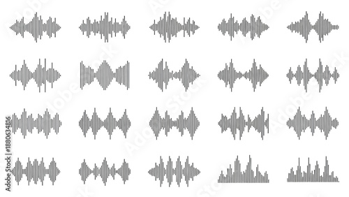dynamic audio sound wave set visualizing music frequency and digital equalizer displays for modern technology applications and media interfaces.
