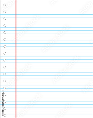 Blank lined notebook paper sheet with margin and punch holes
