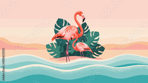 Two elegant pink flamingos stand on a serene beach with tropical leaves and ocean waves