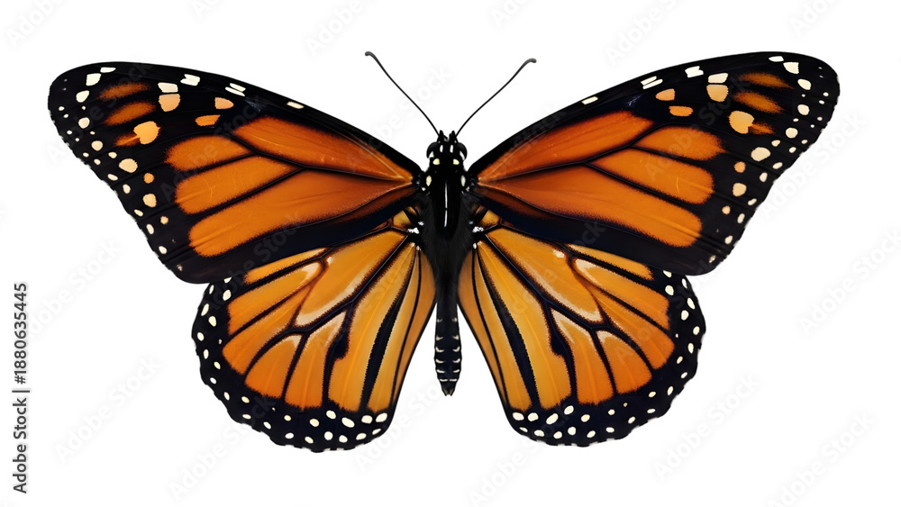 Fototapeta premium Monarch butterfly with wings spread isolated on transparent background