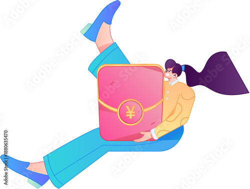 Vector flat gradient illustration of a character holding a red envelope and celebrating Chinese New Year.
