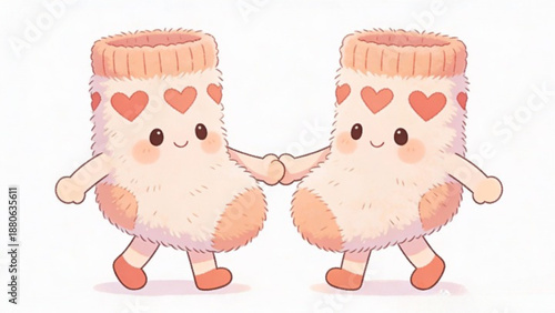 A funny cartoon vector illustration of a pair of cats as a love couple featuring a pink baby doll character design with a smile and a spring flower for kids