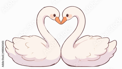 A romantic vector illustration of a pair of pink swans forming a heart symbol on a calm blue lake as a beautiful nature concept for a wedding or Valentine's Day