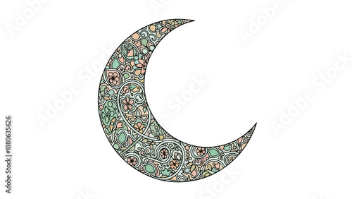 A crescent moon shape filled with colorful floral patterns on a white background in a flat design style with a vibrant and playful mood.