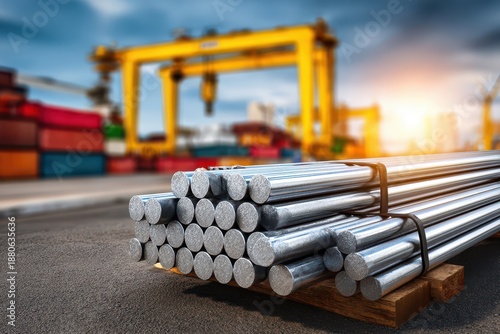 Steel Rods Stacked with Transparent Background at the Dockyard Area.