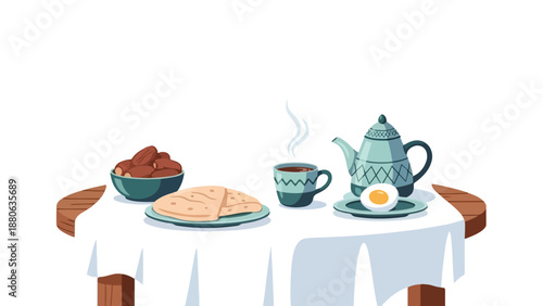 Flat lay of a breakfast setting with a teapot, cup, bowl of fruit, and plate of toast on a white tablecloth against a plain background.