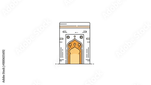 Line drawing of a gray building facade with an orange and yellow arched doorway and decorative elements on a white background.