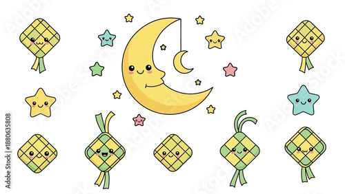 Cute Ketupat and Smiling Moon with Stars - Ramadan and Eid Celebration