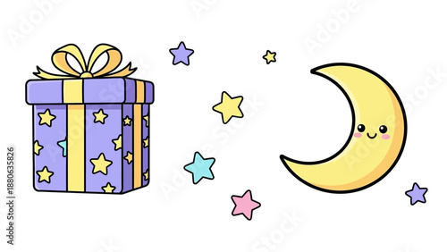 Cute Moon and Gift Box with Stars, Kawaii Style, Birthday, Celebration, Night Sky