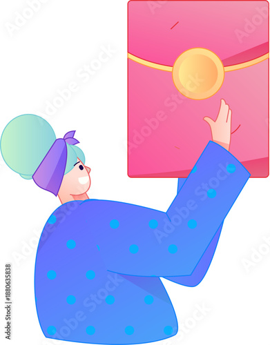 Vector flat gradient illustration of a character holding a red envelope and celebrating Chinese New Year.
