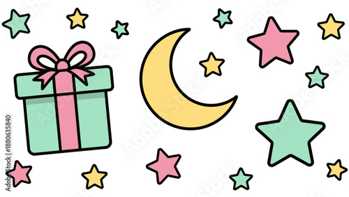 Cute Moon and Star Gift Box Illustration for Kids Celebration