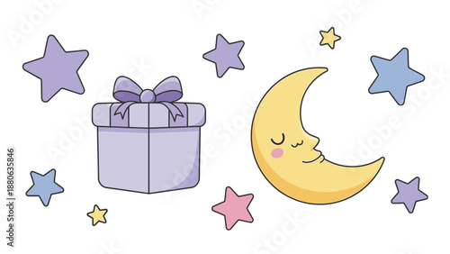 Cute Moon and Gift Box with Stars, Sweet Dreams Illustration