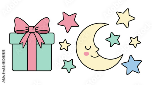 Cute Moon and Stars with Gift Box Illustration