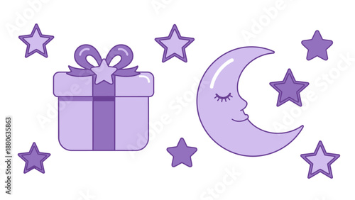 Cute Moon with Gift Box and Stars, Pastel Purple Dreamy Night Illustration