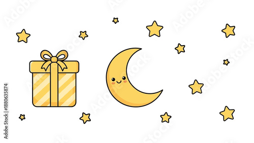 Cute Moon, Gift Box, and Stars - Kawaii Style Illustration for Celebration and Night