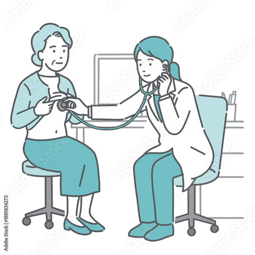 白衣を着た女性医師による高齢女性の聴診・診察のイラスト