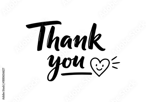 Thank You Heart Graphic with Handwritten Text and Small Smiley Face Icon