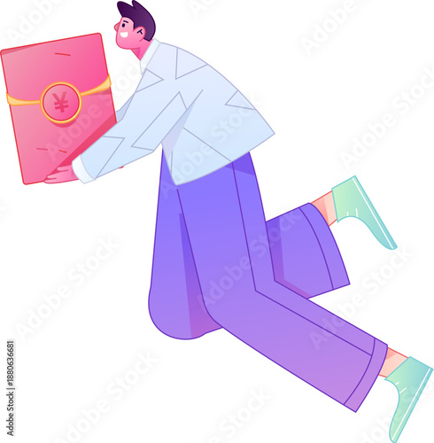 Vector flat gradient illustration of a character holding a red envelope and celebrating Chinese New Year.

