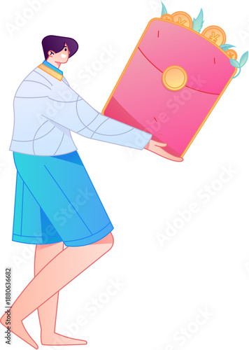 Vector flat gradient illustration of a character holding a red envelope and celebrating Chinese New Year.

