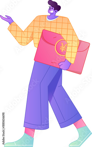 Vector flat gradient illustration of a character holding a red envelope and celebrating Chinese New Year.
