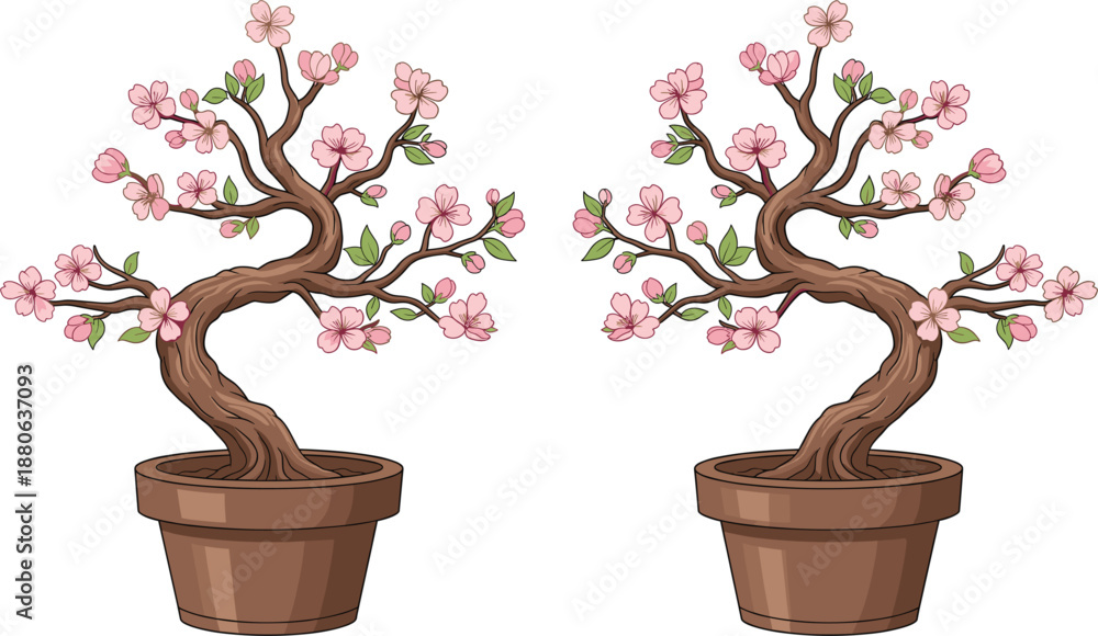 Obraz premium Elegant vector illustration of twin Japanese cherry blossom bonsai trees with pink flowers in brown pots isolated on white background for Zen decor.