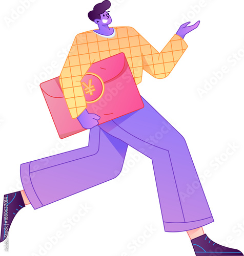 Vector flat gradient illustration of a character holding a red envelope and celebrating Chinese New Year.
