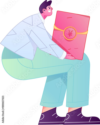 Vector flat gradient illustration of a character holding a red envelope and celebrating Chinese New Year.
