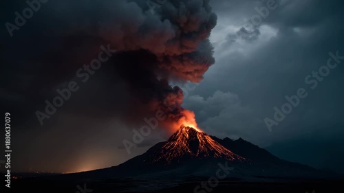 Volcano eruption with lightning and smoke on a stormy night landscape