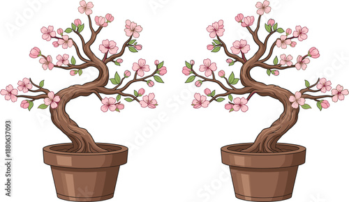 Elegant vector illustration of twin Japanese cherry blossom bonsai trees with pink flowers in brown pots isolated on white background for Zen decor.