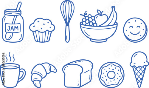 Bakery Hand-drawn line art food icons set - breakfast, dessert, snack, pastry