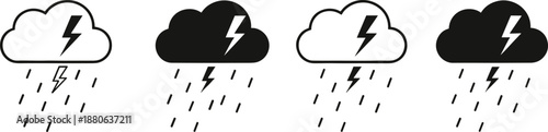 Thunderstorm cloud icon set showing rain and lightning in outline and solid styles for weather forecasts and app interfaces