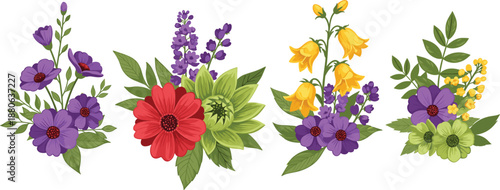 Colorful vector illustration set of vibrant floral bouquets with purple daisies red flowers and yellow bells for spring greeting cards and garden decor.