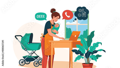 Mother Working From Home With Baby, Laptop, Stroller, And Lush Houseplants In Cozy Office Space