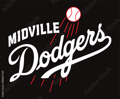 Midville Dodgers Baseball Team Logo with Flying Ball Illustration