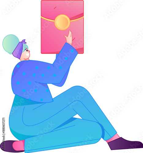 Vector flat gradient illustration of a character holding a red envelope and celebrating Chinese New Year.
