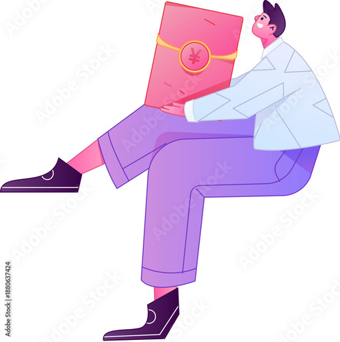 Vector flat gradient illustration of a character holding a red envelope and celebrating Chinese New Year.
