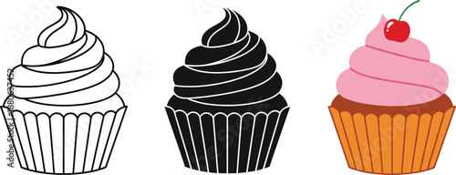 Cupcake icon set in outline, solid, and colored styles featuring frosted dessert for bakery, sweets, and food design projects