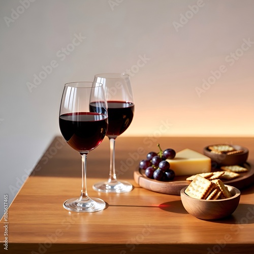 A stylish home party table with two cups of red wine and cheese, crackers and grapes