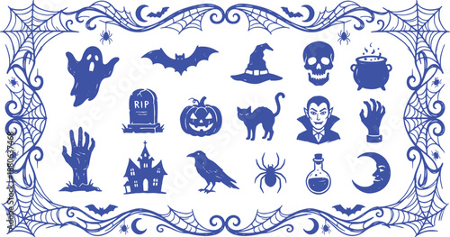 Vintage Style Halloween Silhouettes with Spiderweb Frame - witch, skull, cauldron, vampire